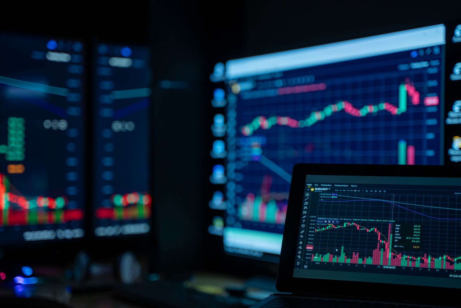Stock market charts on multiple monitors